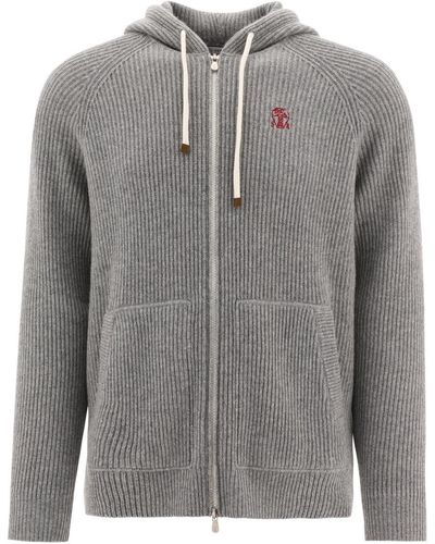 Brunello Cucinelli Ribbed Sweater With Embroidery - Gray