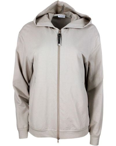 Brunello Cucinelli Stretch Cotton Sweatshirt With Hood And Jewel On The Zip Puller - Grey