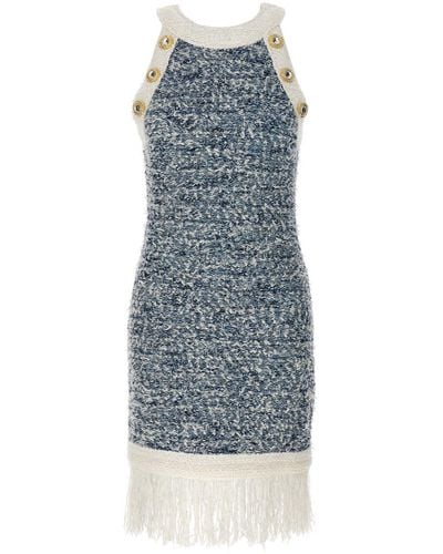 Balmain Fringed Bouclé Tweed Mini Dress - Blue