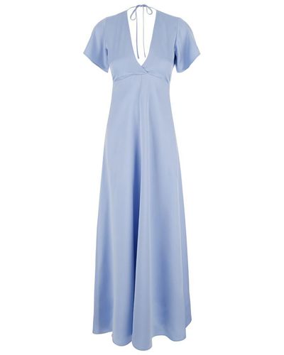 Plain Short Sleeves Long Dress - Blue