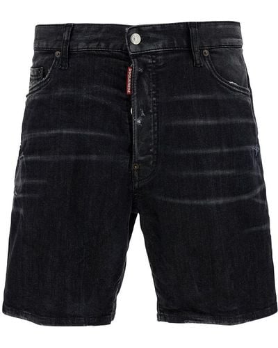 DSquared² 'marine' Black Bermuda Shorts With Logo Patch In Stretch Cotton Denim Man