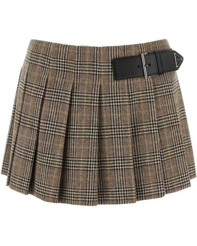 Prada Checked Wool-blend Miniskirt - Brown