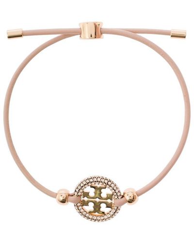 Tory Burch Pink Bracelet With Logo Detail And Rhinestone In Leather - White