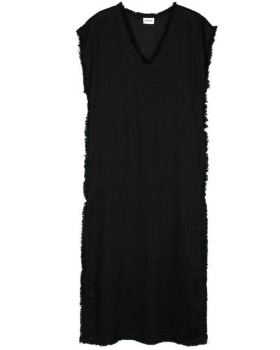 P.A.R.O.S.H. Frayed Linen Midi Dress - Black