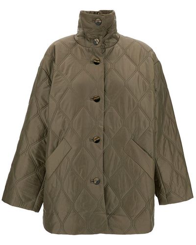 Ganni Quilted Jacket With High Neck And Buttons - Green