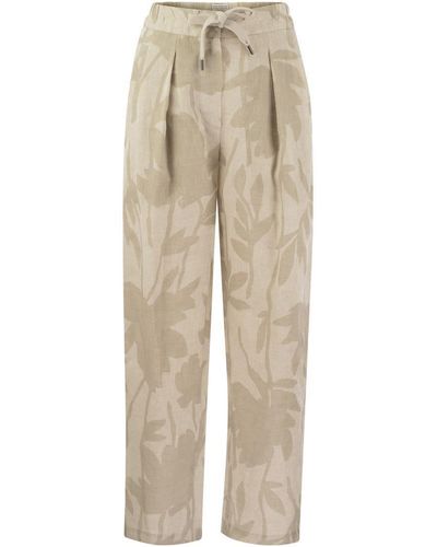 Brunello Cucinelli Ramage Print Linen Slouchy Trousers - Natural