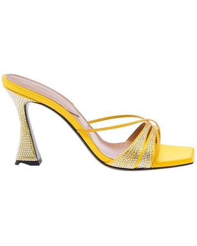 D'Accori Yellow Slip-on Sandals With All-over Rhinestone In Satin Woman - Metallic