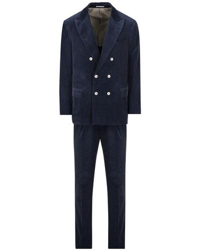 Brunello Cucinelli Double-breasted Pleated Tailored Suit - Blue