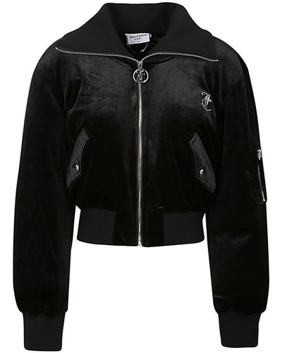 Juicy Couture Logo Cropped Velvet Bomber Jacket - Black