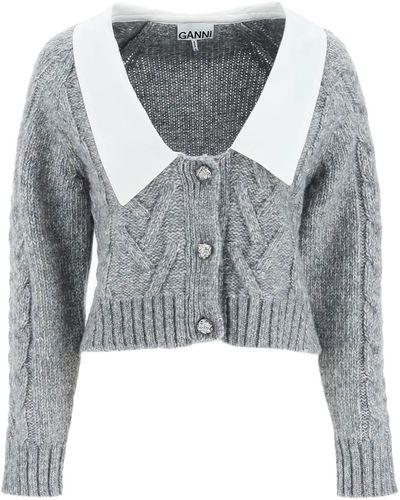 Ganni Cable Knit Cardigan With Collar - Grey