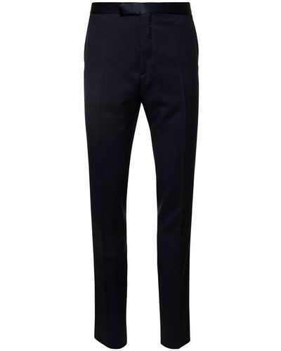 Tagliatore E Trousers With Satin Waistband And Welt Pockets In Wool - Blue