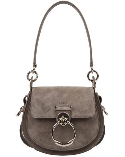 Chloé Small Tess Bag In Military Green Suede - Grey