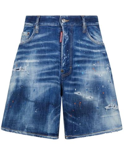 DSquared² Paint-Splatter Denim Shorts - Blue