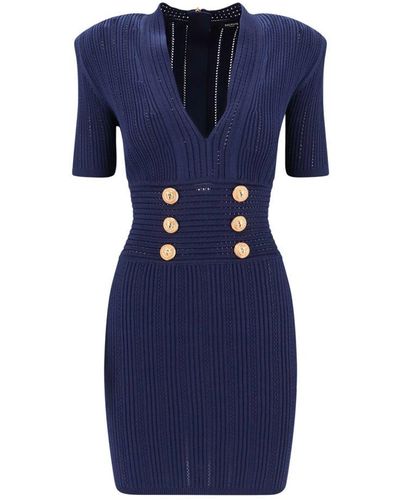 Balmain Knit Minidress With Embossed Buttons - Blue