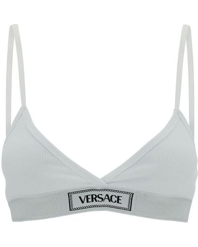 Versace White Sports Bra With Logo Embroidery In Stretch Cotton Woman - Gray