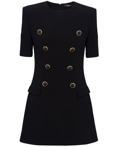 Balmain Eight Button Straight Crepe Short Dress - Black
