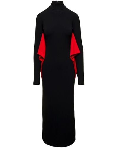 Ferragamo Long Black Dress With Batwing Sleeves With Contrasting Inserts In Stretch Viscose Woman - Red