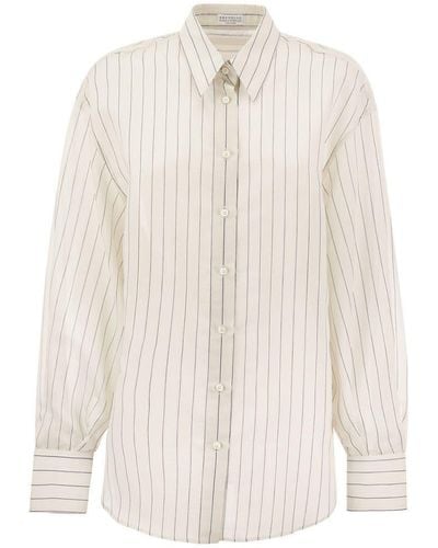 Brunello Cucinelli Sparkling Stripe Cotton-silk Poplin Shirt With Necklace - White