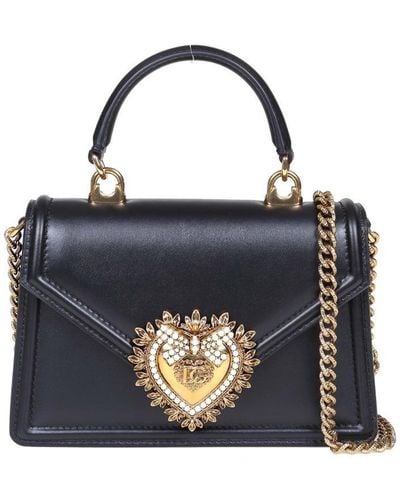 Dolce & Gabbana Small Devotion Handbag In Black Leather - Blue
