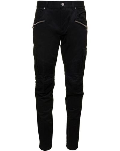 Balmain Slim Cargo Pants With Zip And Pockets In Stretch Cotton - Black
