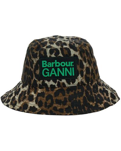 Barbour Bucket Hat With Double Logo Patch And Leopard Print - Green