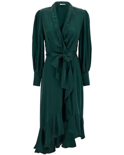 Zimmermann Midi Asymmetric Dress With Belt - Green