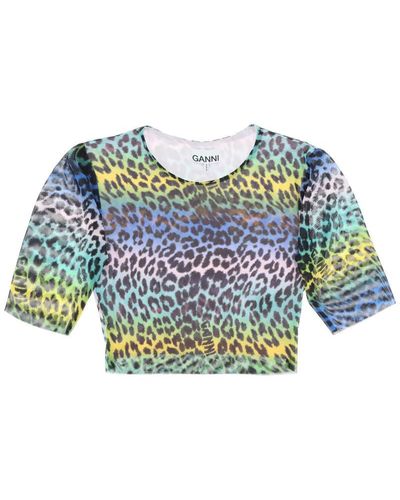 Ganni Multicolor Leopard Print Crop Top - Blue