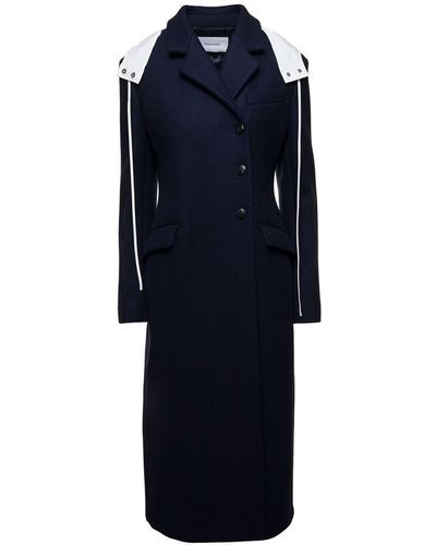 Ferragamo Long Blue Coat With Contrasting Detachable Hood In Wool Woman