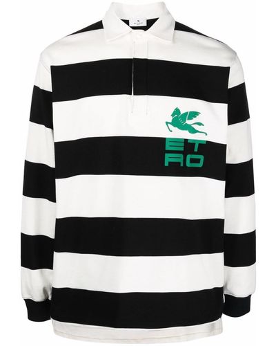 $570 Mens ETRO Logo Striped Long Sleeve Polo Shirt White/Black 2XL
