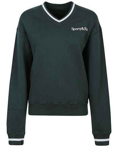 Sporty & Rich Serif Logo V-neck Cotton Sweatshirt - Green