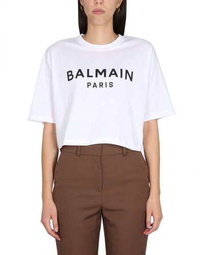 Balmain Logo Cropped Cotton T-Shirt - White