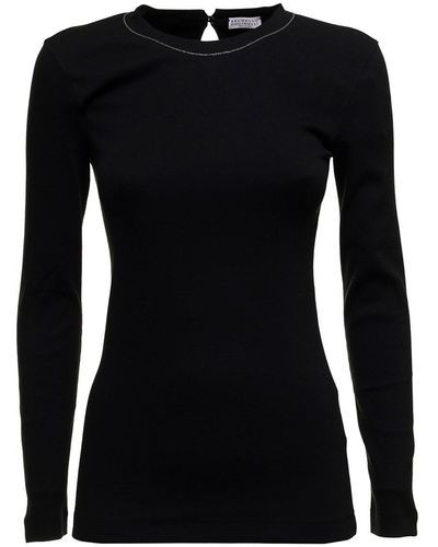 Brunello Cucinelli Long-Sleeved Cotton T-Shirt With Monile Crew Neck - Black