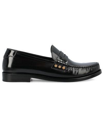 Saint Laurent Luxe Raffia & Leather Slip On Loafers. - Black