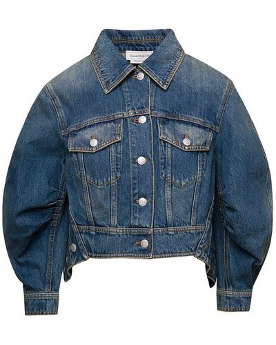 Alexander McQueen E Denim Jacket With Distressed Effect And Gathered Sleeves In Cotton Woman - Blue