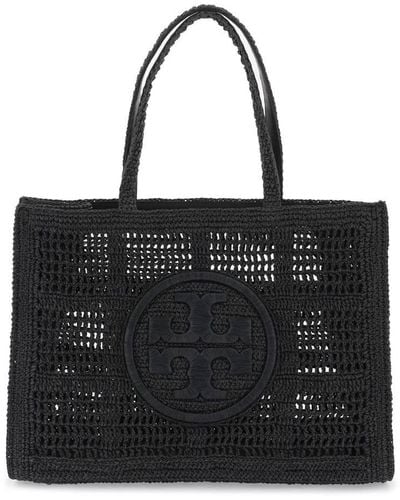 Tory Burch Ella Crochet Raffia Tote Bag In - Black