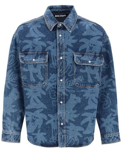 Palm Angels Palmity Overshirt In Denim With Laser Print All-over - Blue