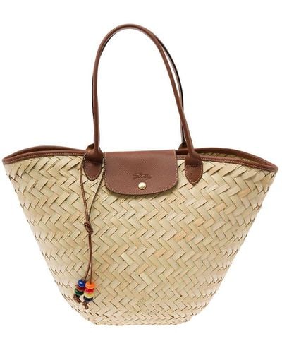 Longchamp 'xl Le Panier' Beige Tote Bag With Beads Strap In Straw Woman - Natural