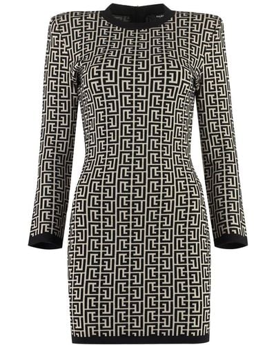 Balmain Geometric Jacquard Wool Dress - Black
