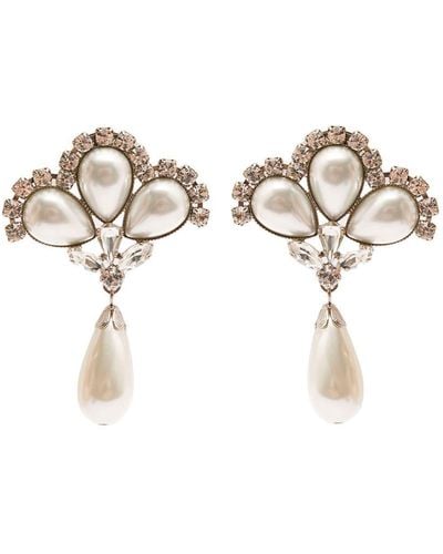 Alessandra Rich Colored Clip-On Crystal Earrings With Pendant Pearl - Gray