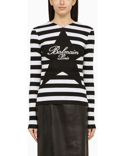 Balmain Black And White Striped Shirt With Cotton Logo