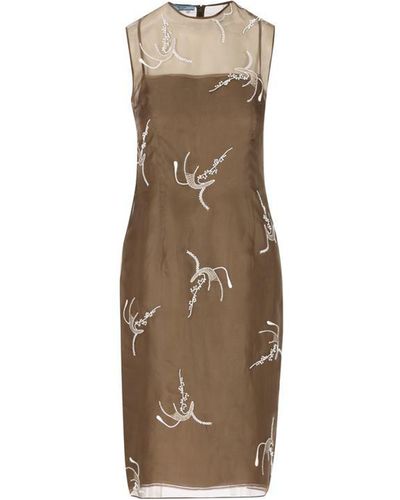 Prada Allover Embroidered Sleeveless Midi Dress - Natural