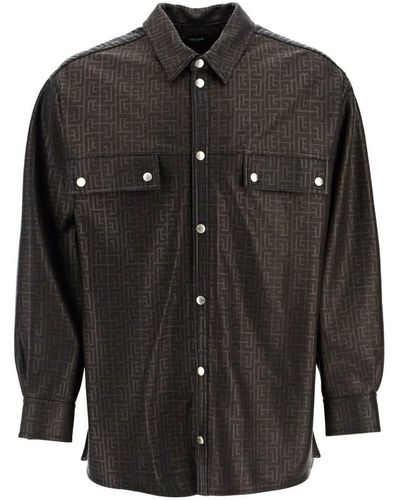 Balmain Monogram Leather Overshirt - Black