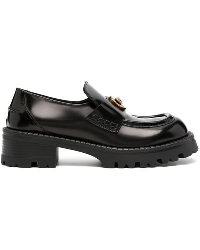 Versace Women Logo Leather Platform Loafers - Black
