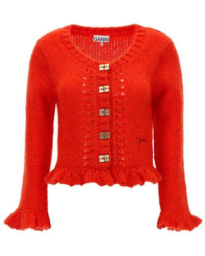 Ganni Mohair Butterfly-button Cardigan - Red