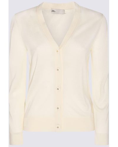 Tory Burch New Ivory Wool And Silk Blend Cardigan - Natural