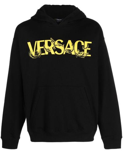 Versace Gold Medusa Logo Center Brand Name Stripe Black Hoodie