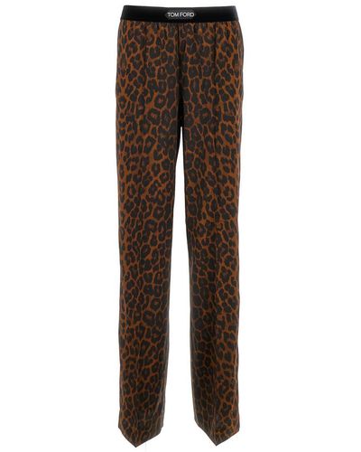 Tom Ford Brown Leopard Print Straight Pants In Silk Blend Woman