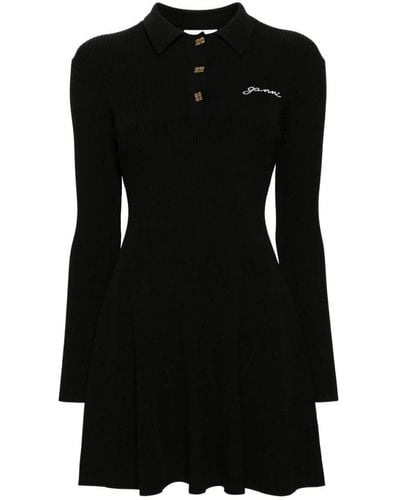 Ganni Embroidered-Logo Ribbed Mini Dress - Black