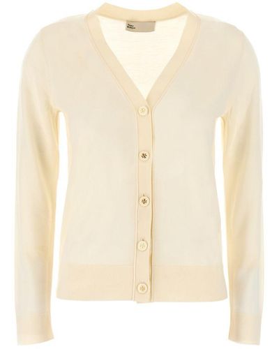Tory Burch Wool And Silk Blend Cardigan - Natural