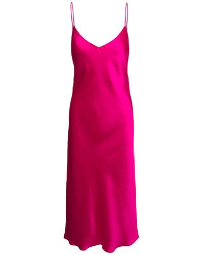 Plain Midi Fuchsia Slip Dress With Spaghetti Straps Woman - Pink